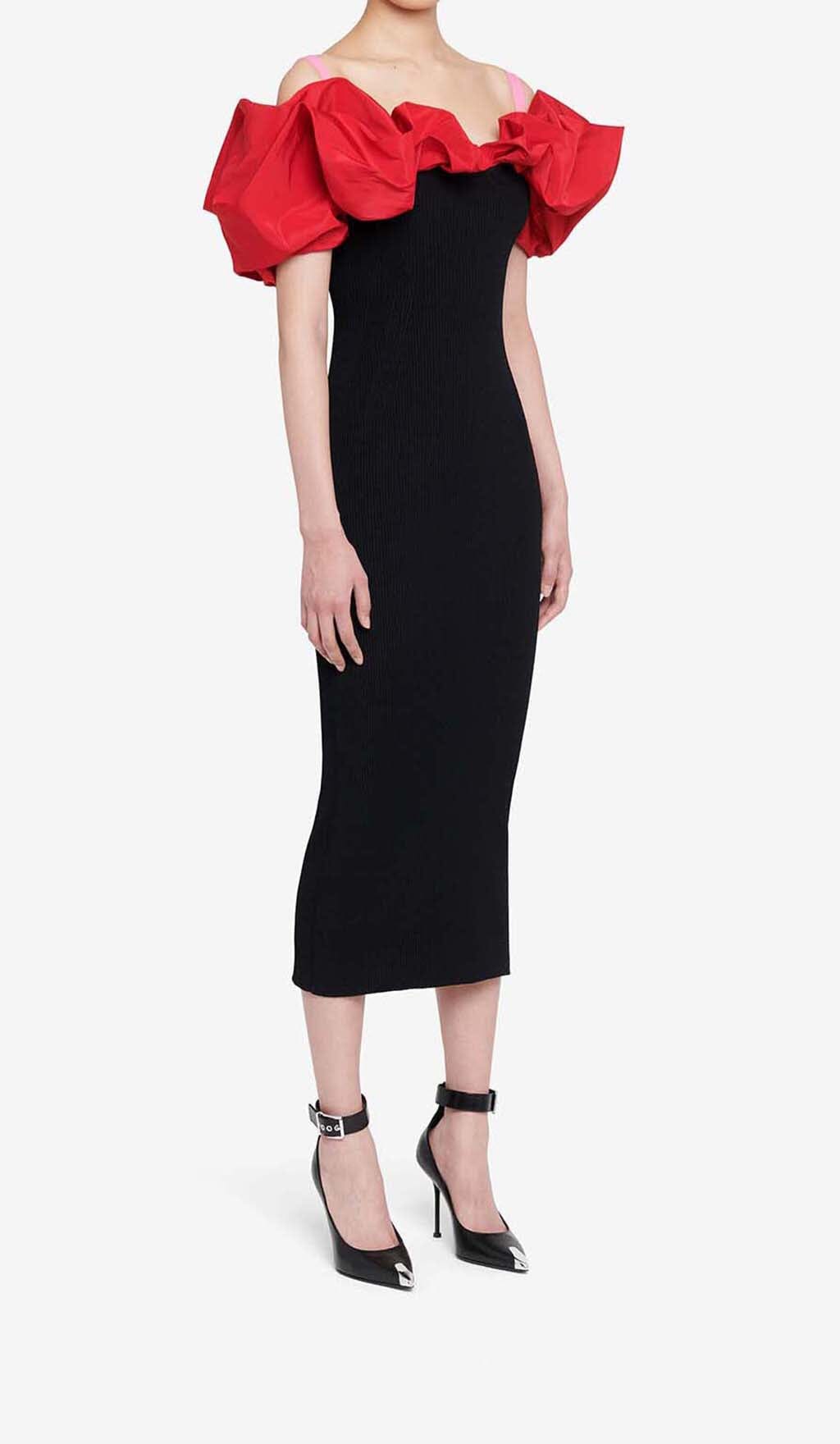 Fashionslee Women Ruffled Pencil Midi Dress In Black