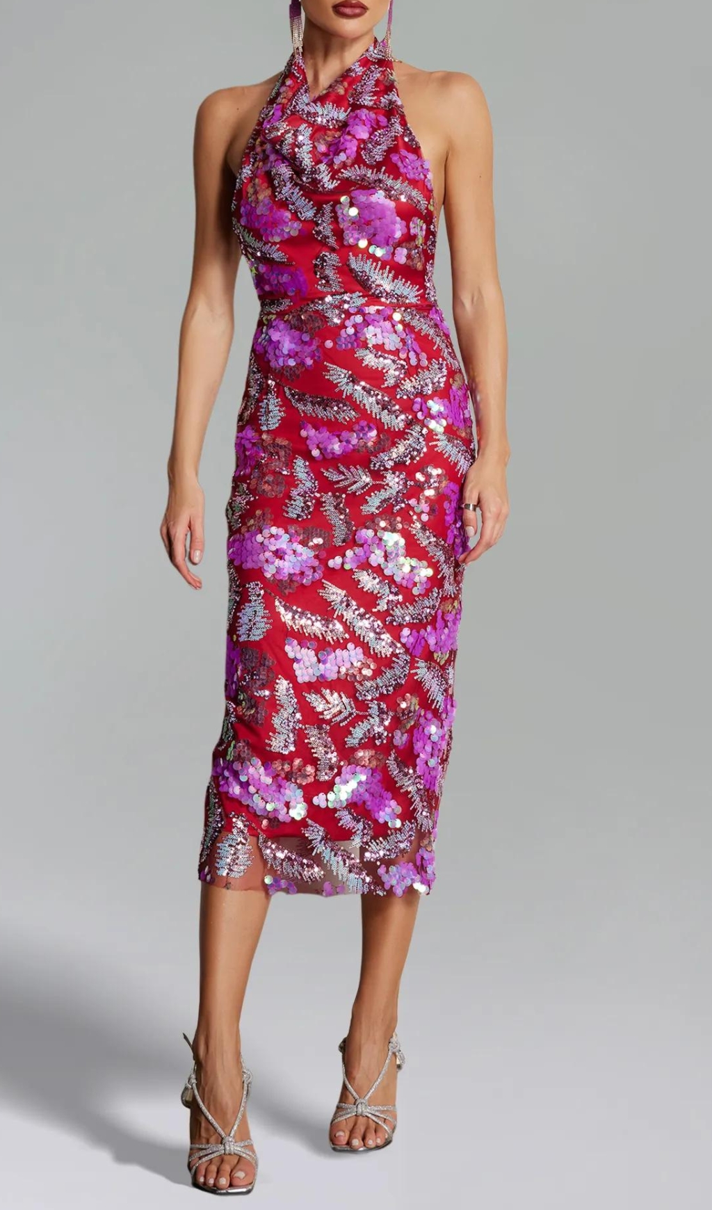 Fashionslee Women Bass Sequin Halter Midi Dress