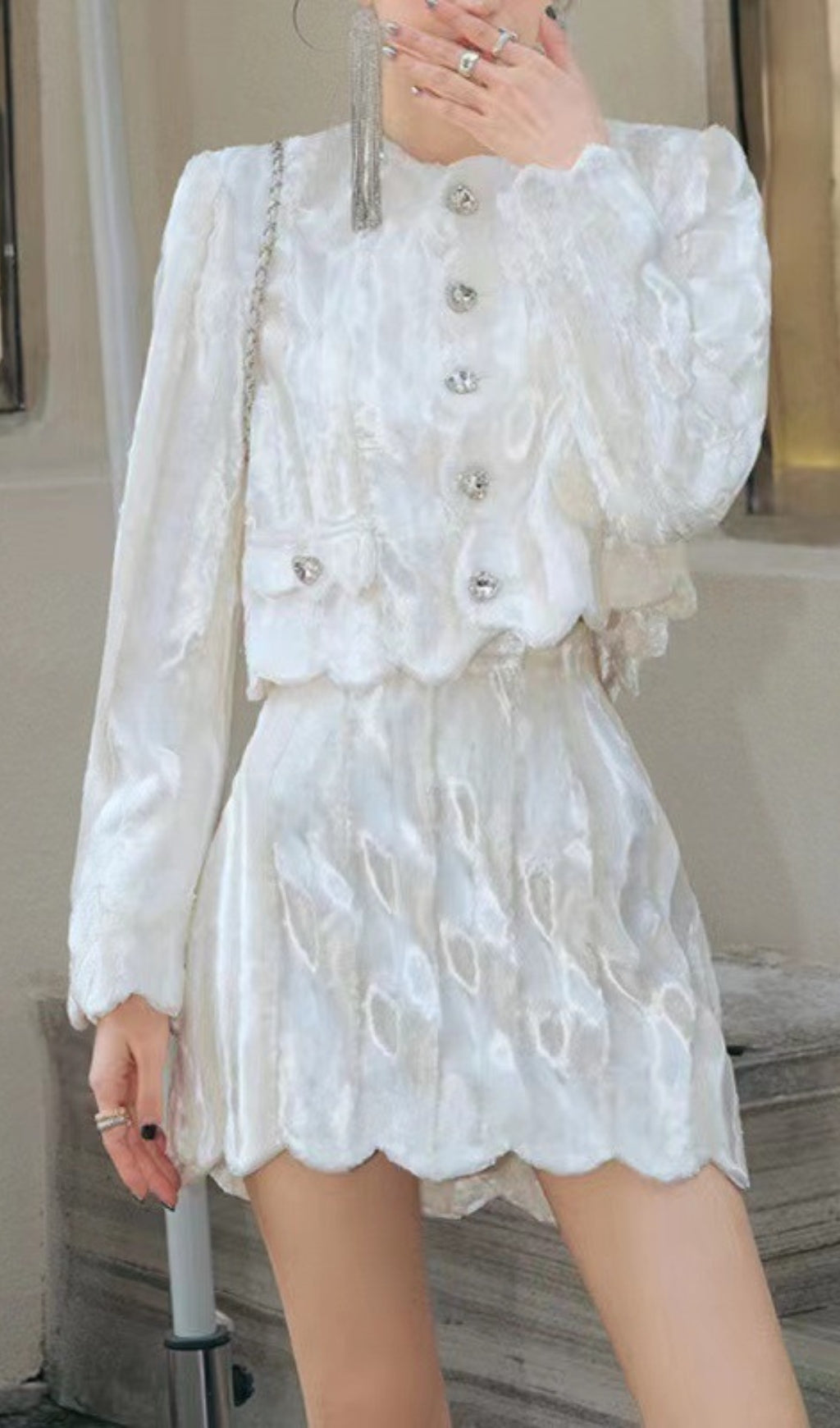 Fashionslee Women Velvet Rhinestone Buckle White Suits Diamond Mini Two-Piece