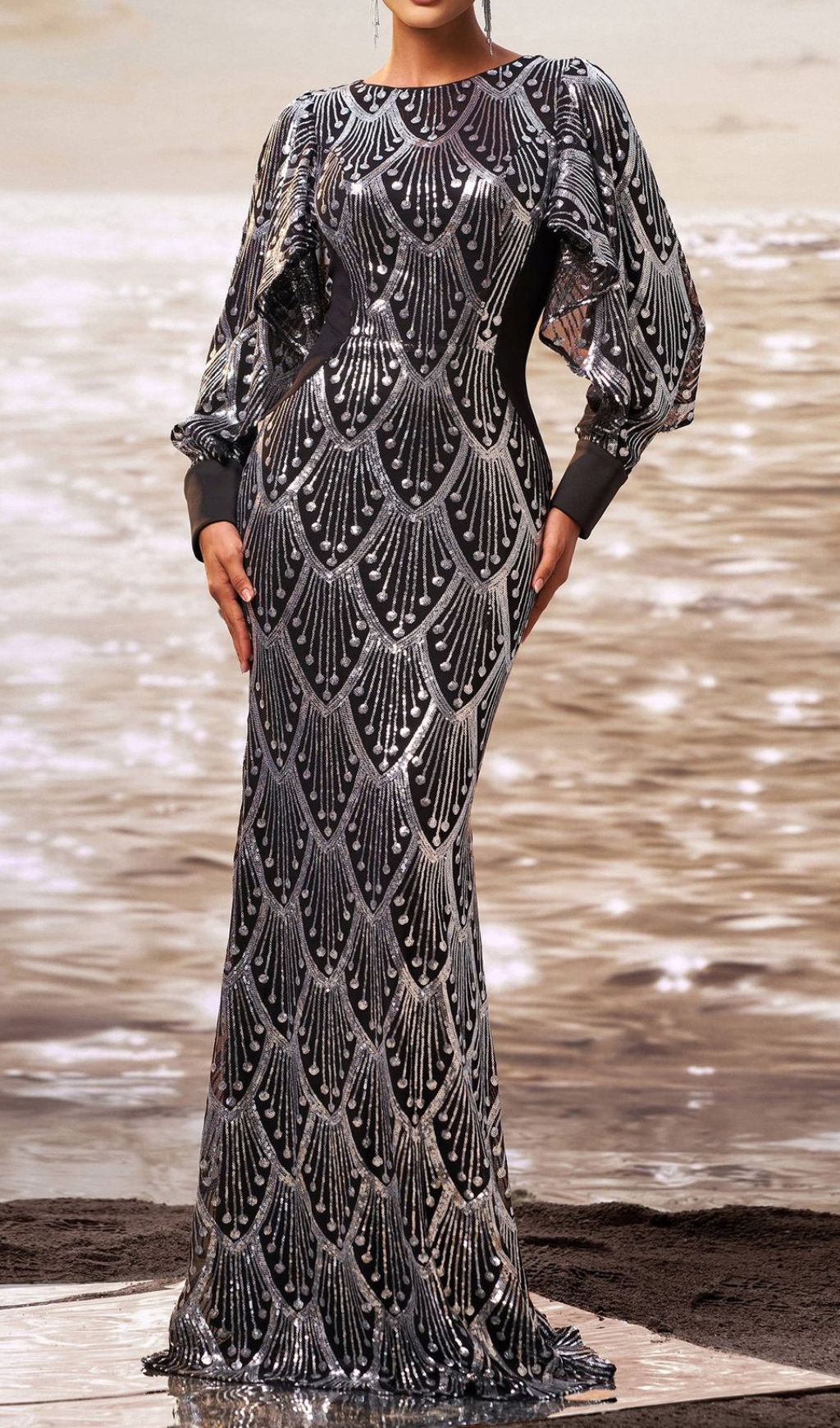 Fashionslee Women Dewi Long Sleeve Sequin Maxi Dress