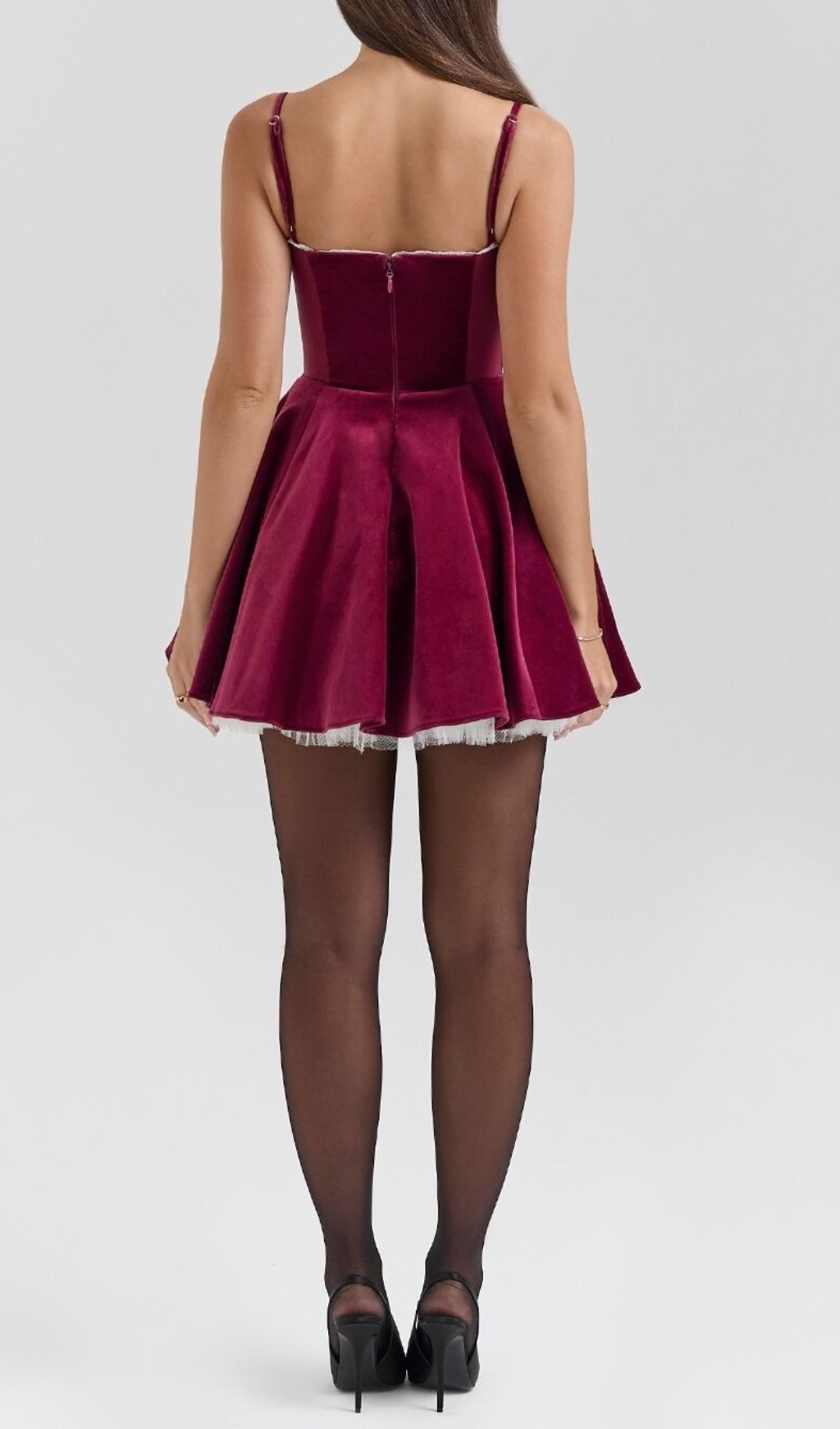 Fashionslee Women Brinda Burgundy Velvet Tulle Mini Dress