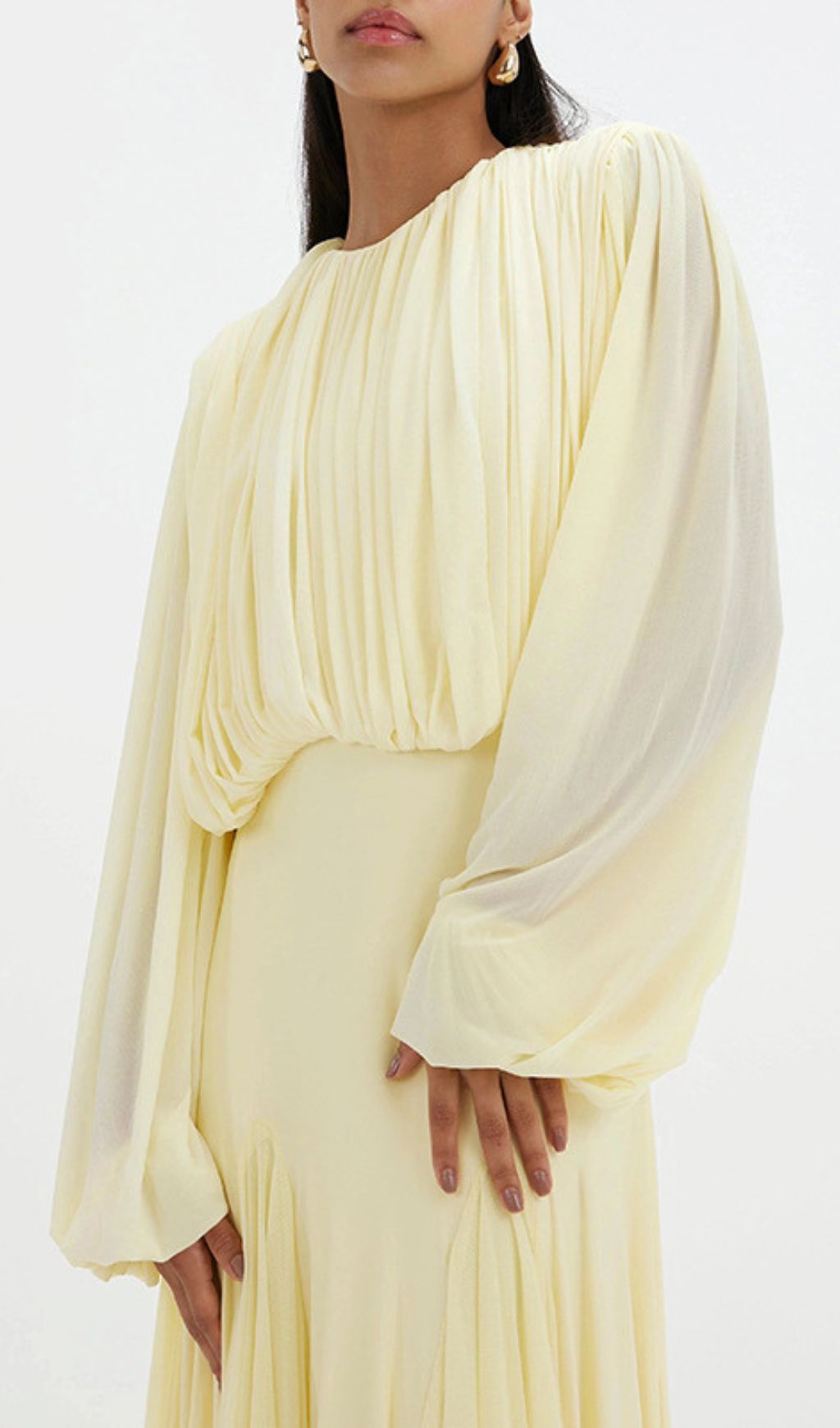 Fashionslee Women Jimena Yellow Pleated Long Sleeve Maxi Dress