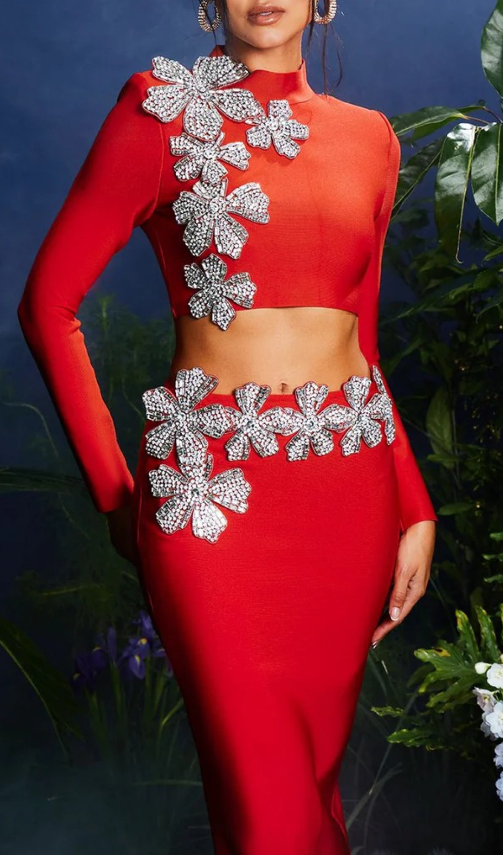 Fashionslee Women Almira Strapless Flower Bandage Skirt Set In Red