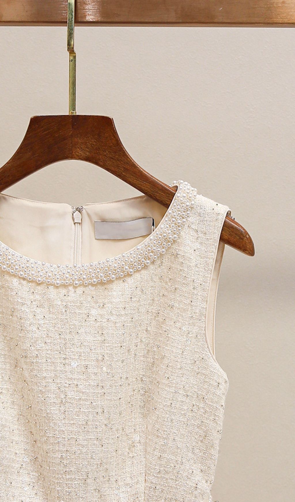 TRENDING CREAM BOUCLE PEARL MINI DRESS - OWNCI
