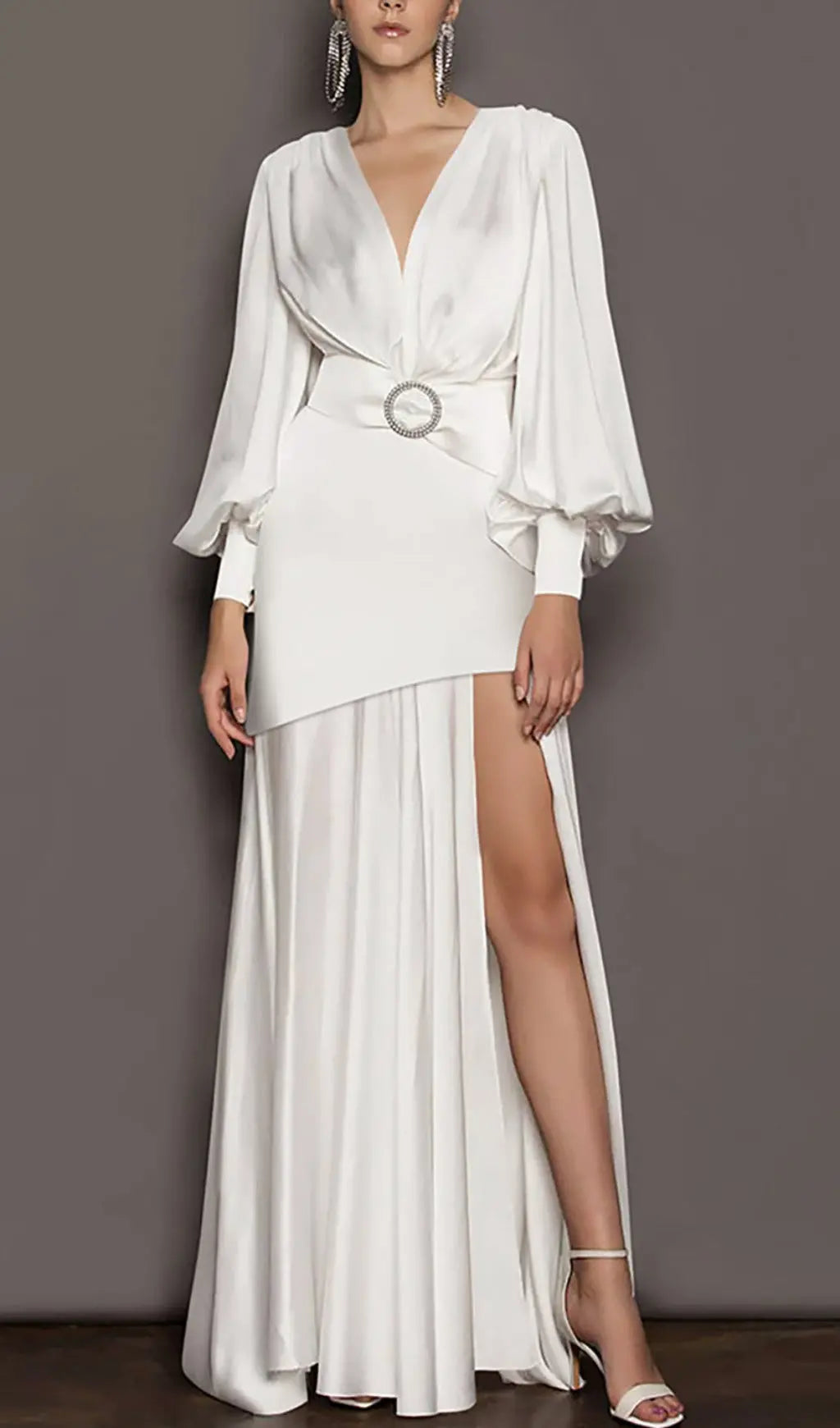 Fashionslee Women White Deep V Lantern Long Sleeve A-Line Dress
