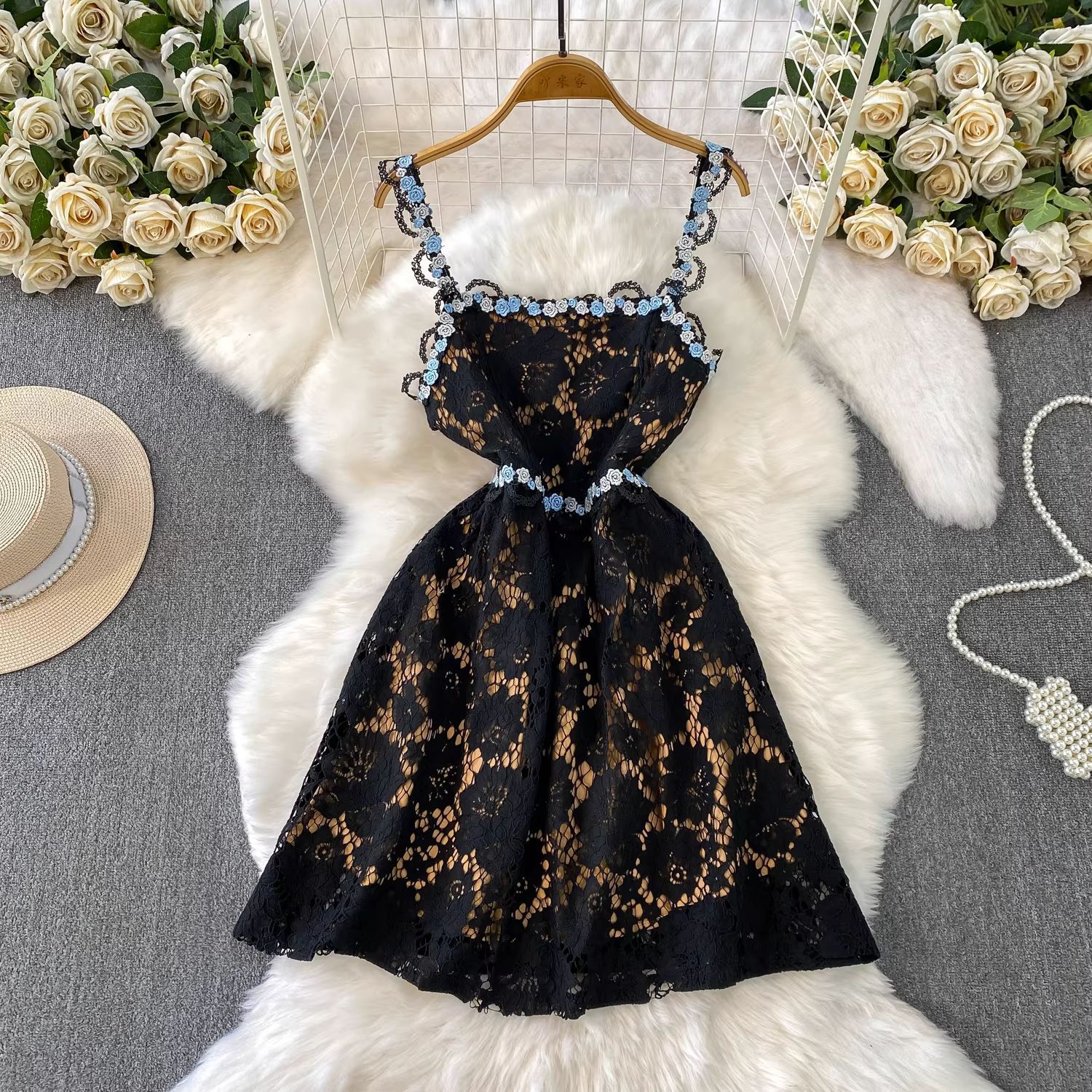 Fashionslee Women Tavon Flower Embroidered Mini Dress In Black