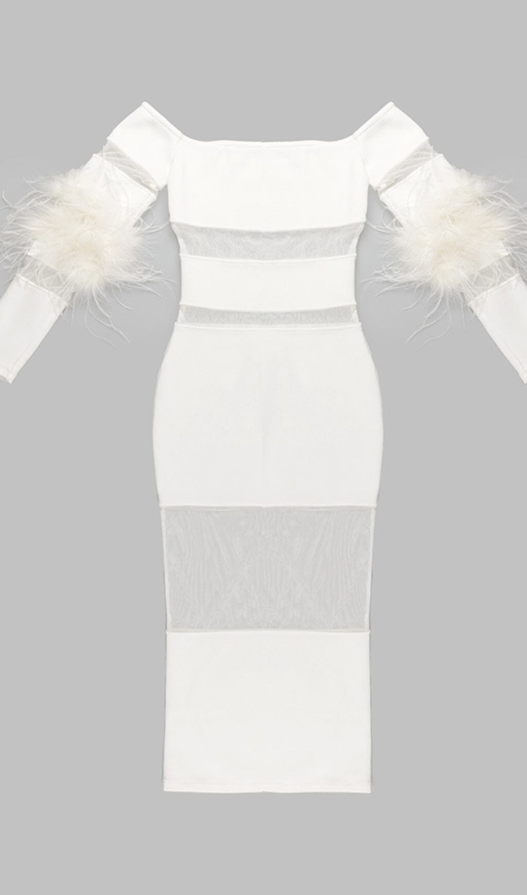 Fashionslee Women Bandage Off-Shoulder Feather Midi Dress In White