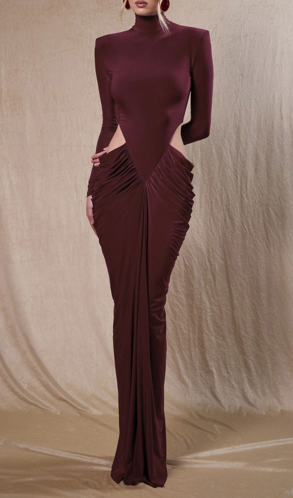 Fashionslee Women Jera Wine Long Sleeve Ruched Maxi Dress