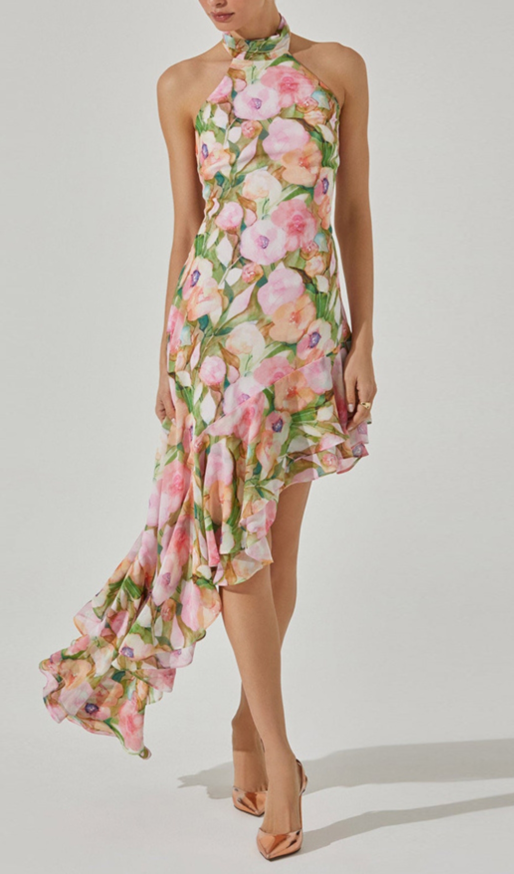 Fashionslee Women Brinsley Halter Floral Ruffle Maxi Dress