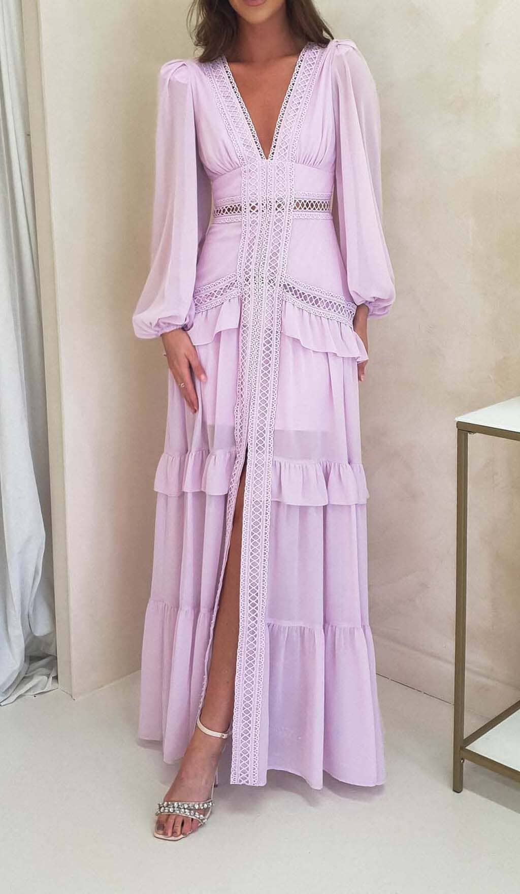 Fashionslee Women Long Sleeve Ruffle Maxi Dress In Lilac