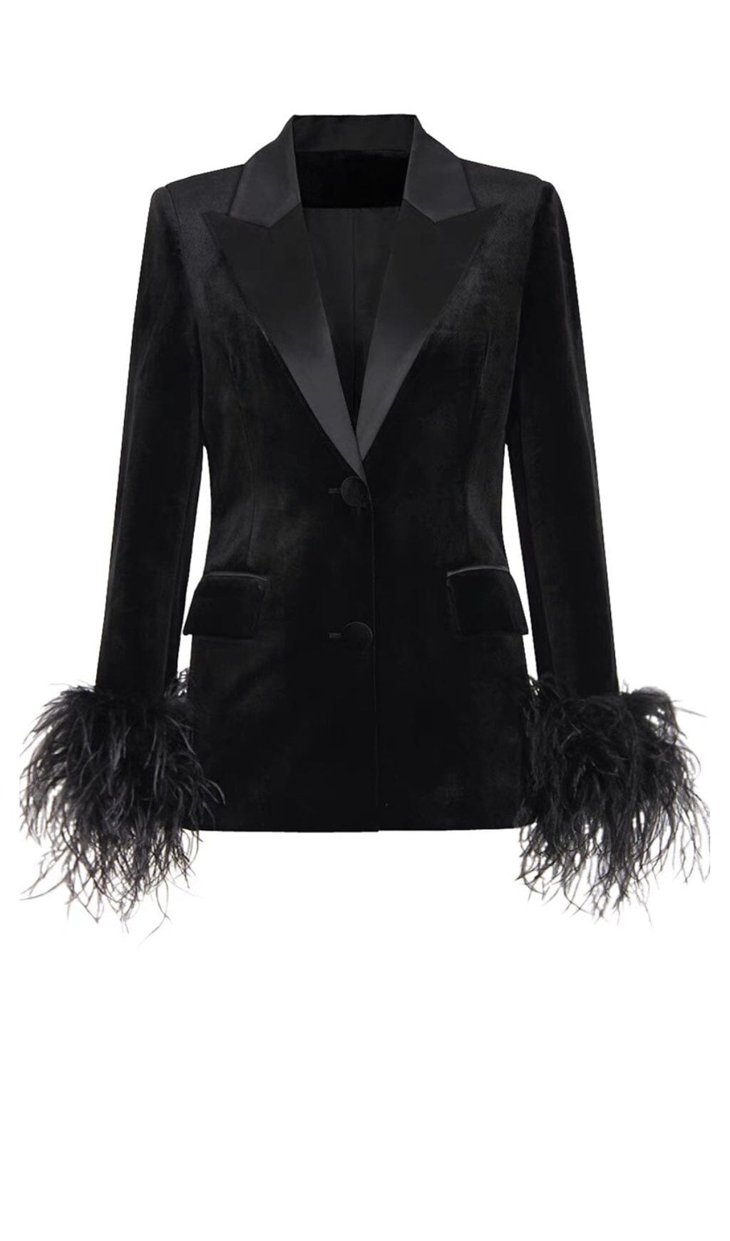 53bbd947444bd66d9a54903bb00b5491.jpeg Fashionslee Women Velvet Feather-Trim Jacket In Black
