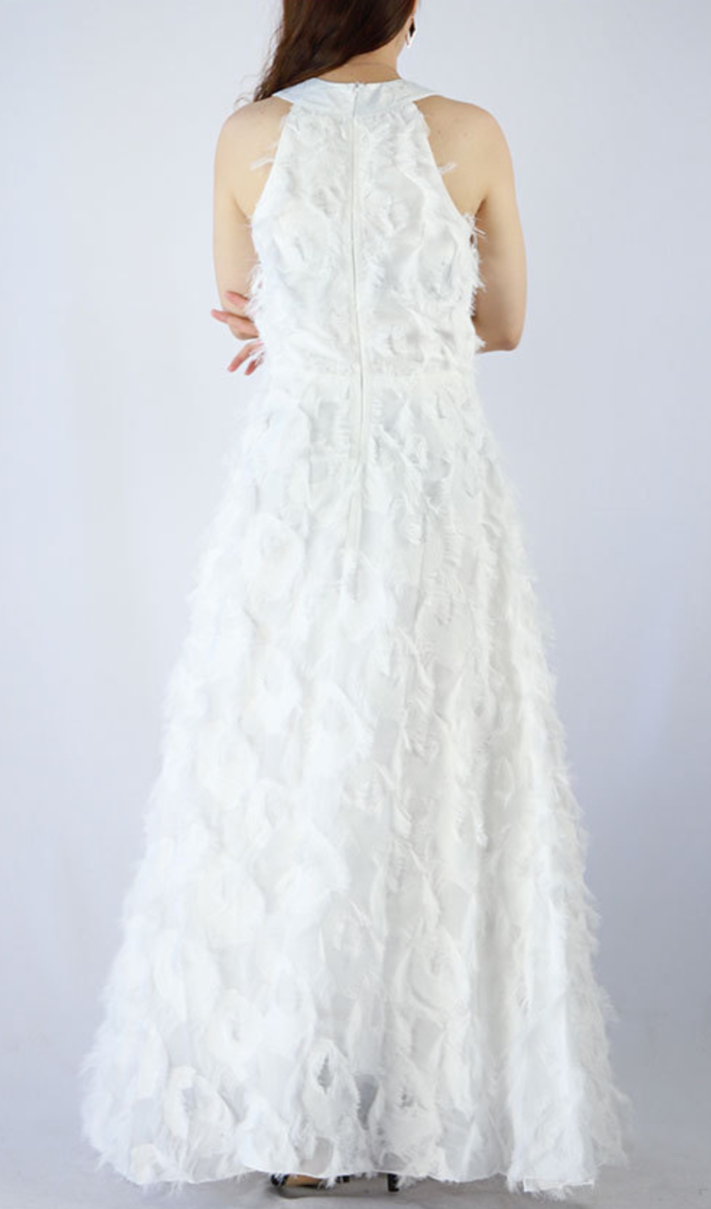 Fashionslee Women Devana White Halter Feather Tassel Maxi Dress
