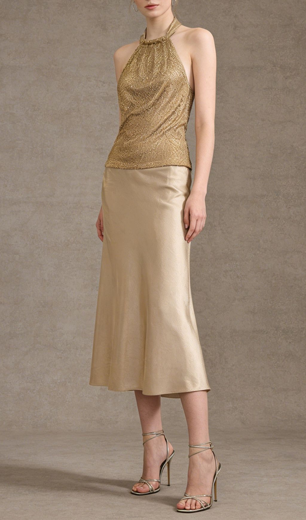 Fashionslee Women Keturah Gold Halter Backless Midi Dress
