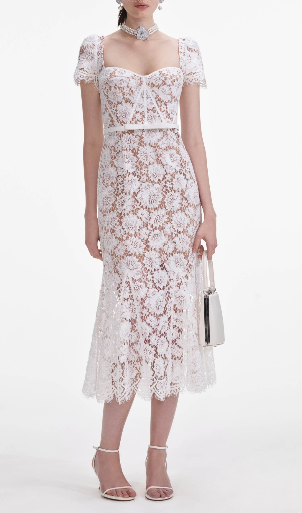 Fashionslee Women White Fine Lace Midi Dress