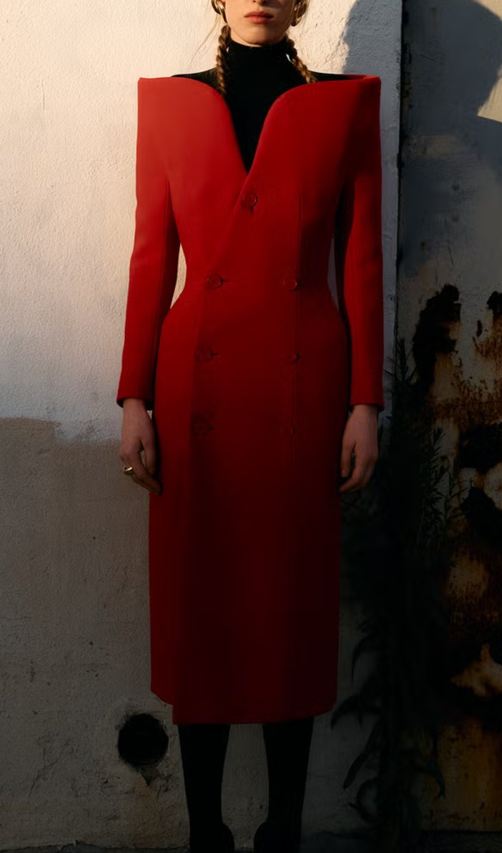 Fashionslee Women Brittania Red V-Neck Long Sleeve Midi Blazer Dress