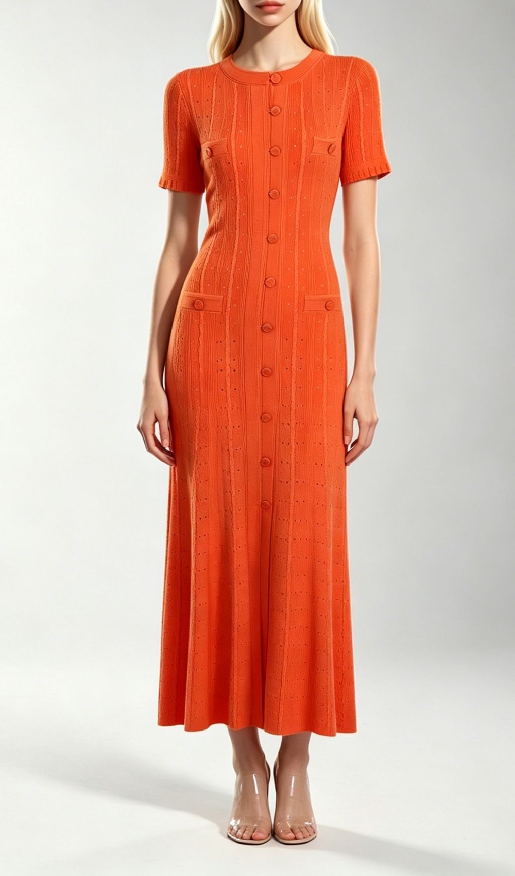 Fashionslee Women Kilenya Orange Knit Short Sleeve Midi Dress