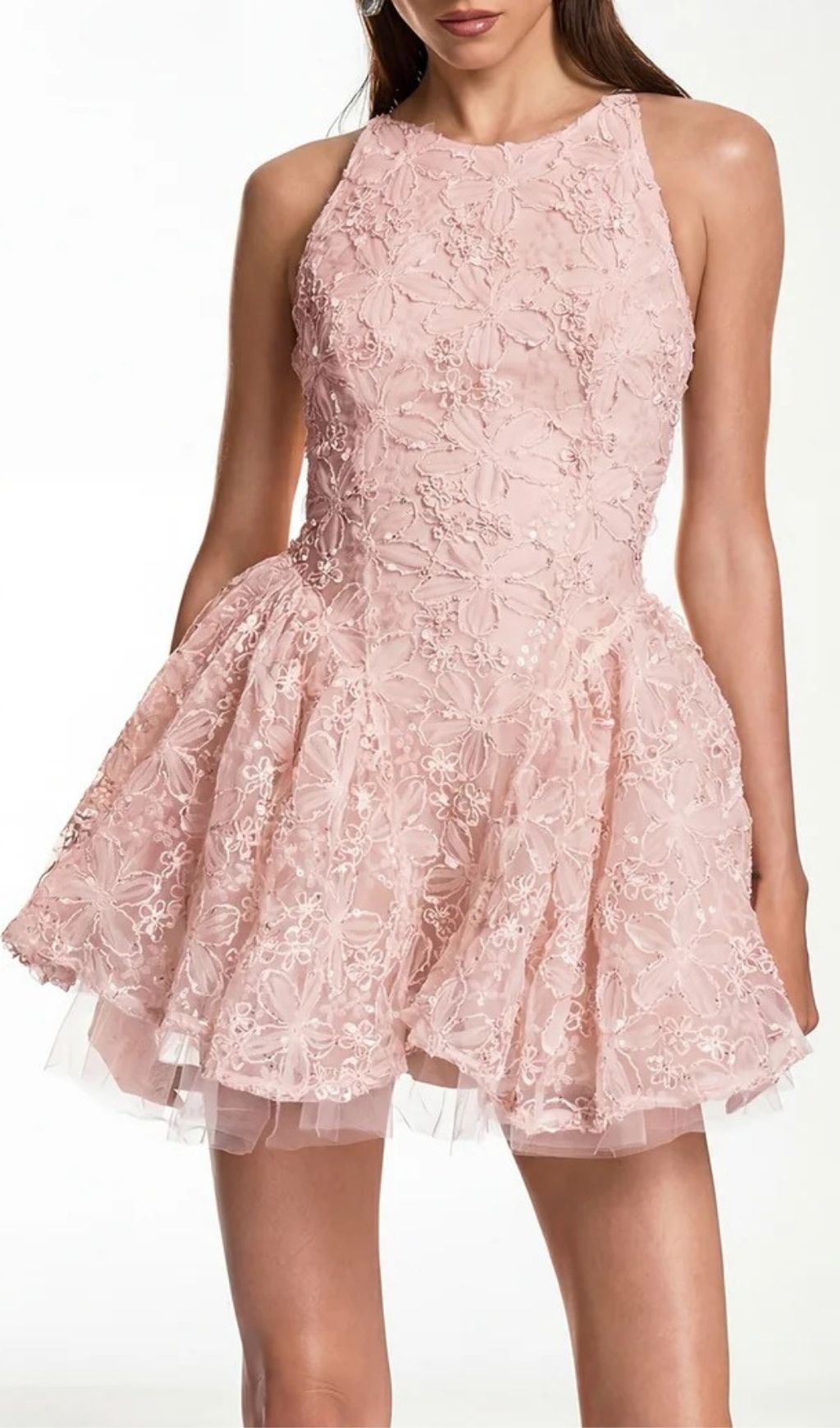 Fashionslee Women Katsumi Pink Halter Lace Flower Mini Dress