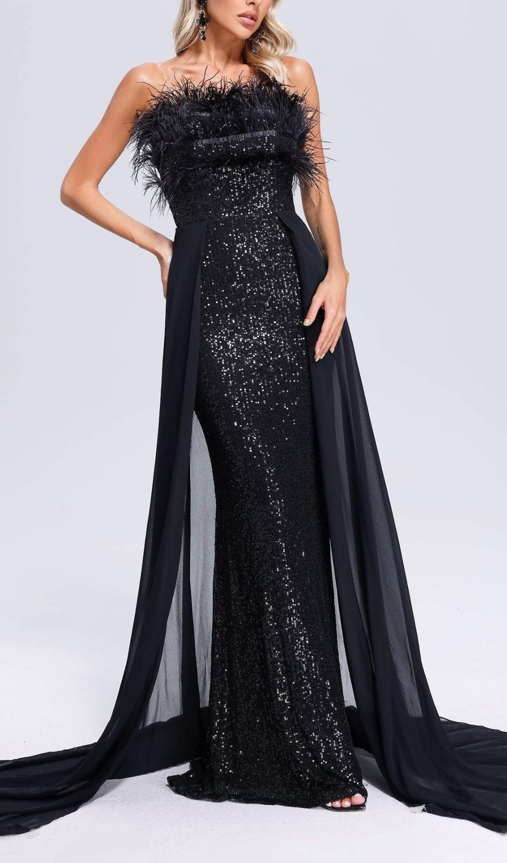 Fashionslee Women Adams Black Feather Sequin Maxi Dress