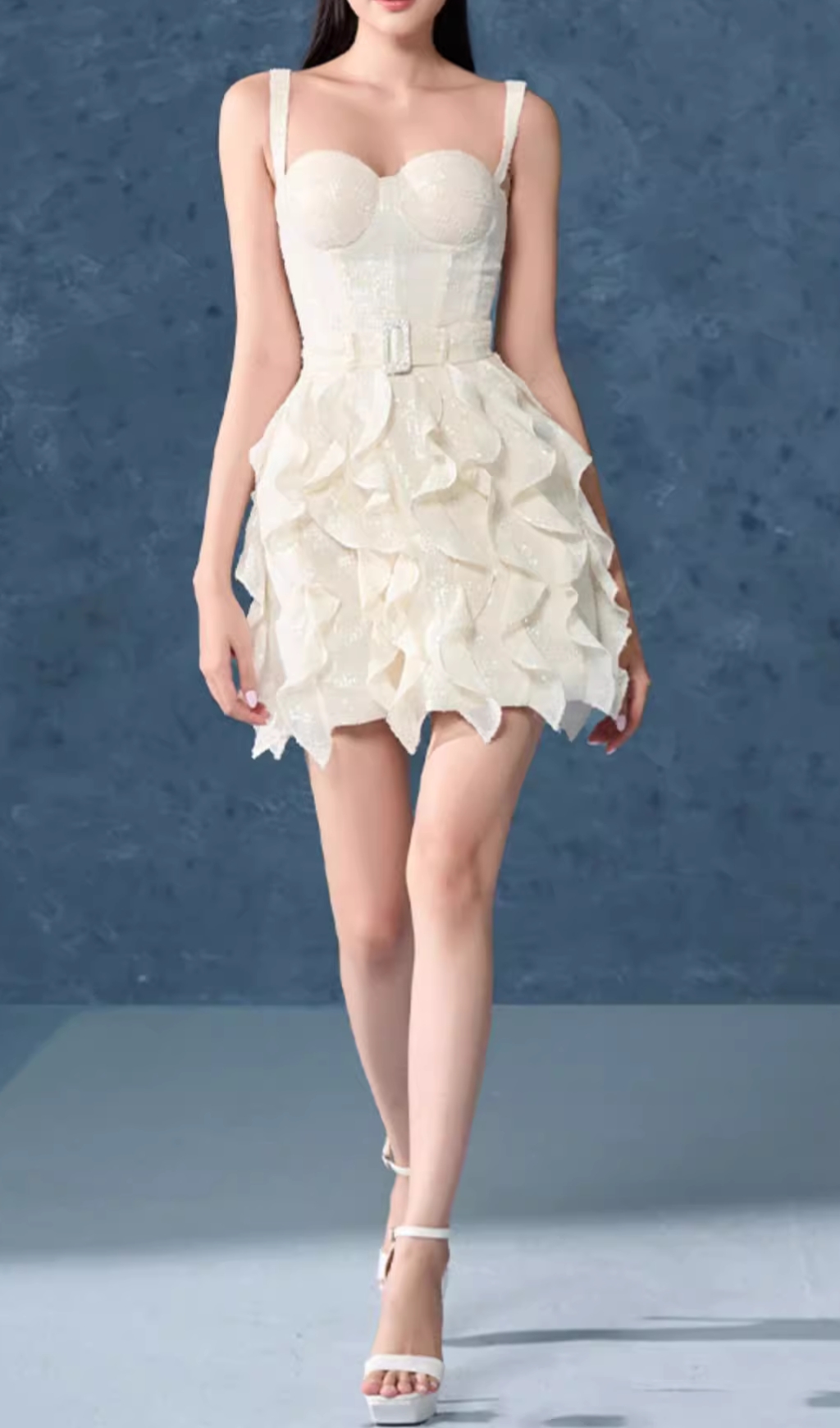 WHITE SEQUIN RUFFLE MINI DRESS VIRAL - OWNCI WHITE SEQUIN RUFFLE MINI DRESS VIRAL - OWNCI