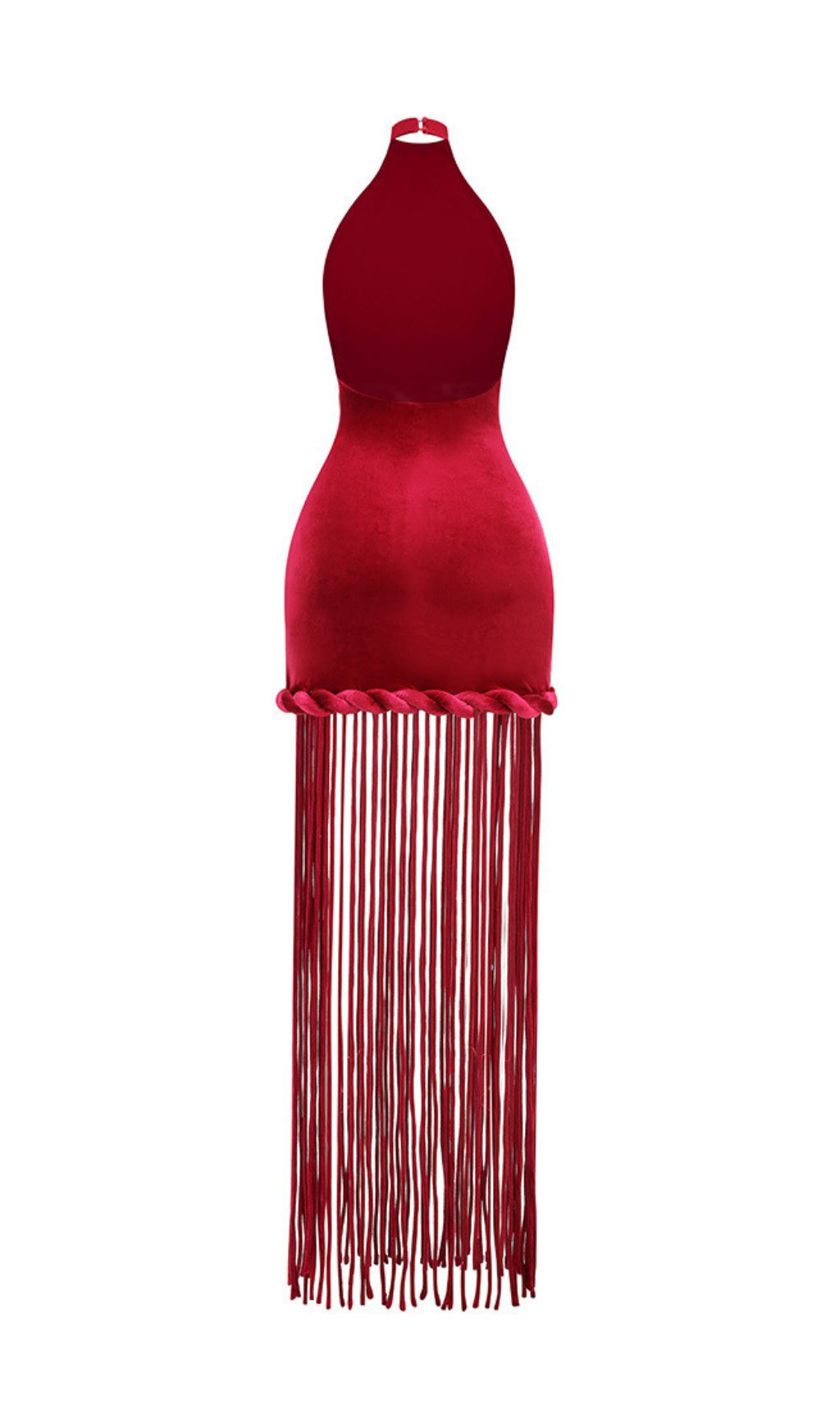 Fashionslee Women Jayla Red Halter Velvet Tassel Maxi Dress