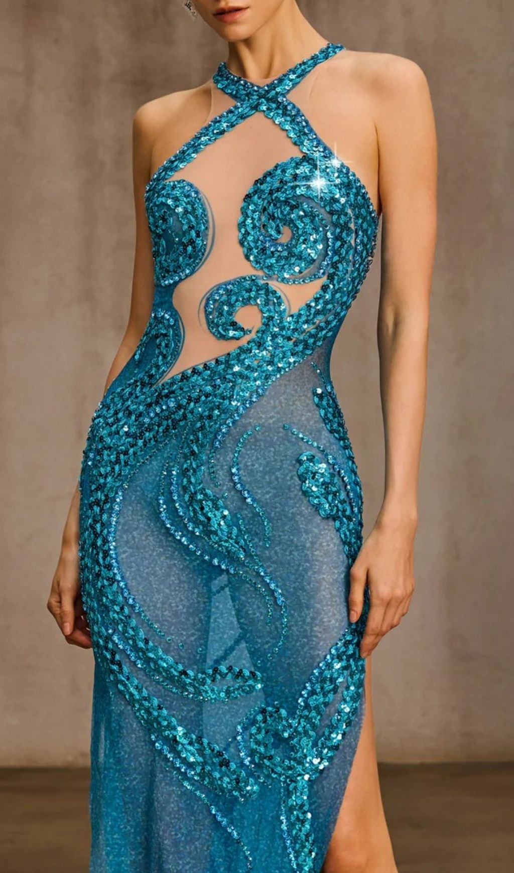 Fashionslee Women Kaelvion Sequin Crystal Mesh Maxi Dress