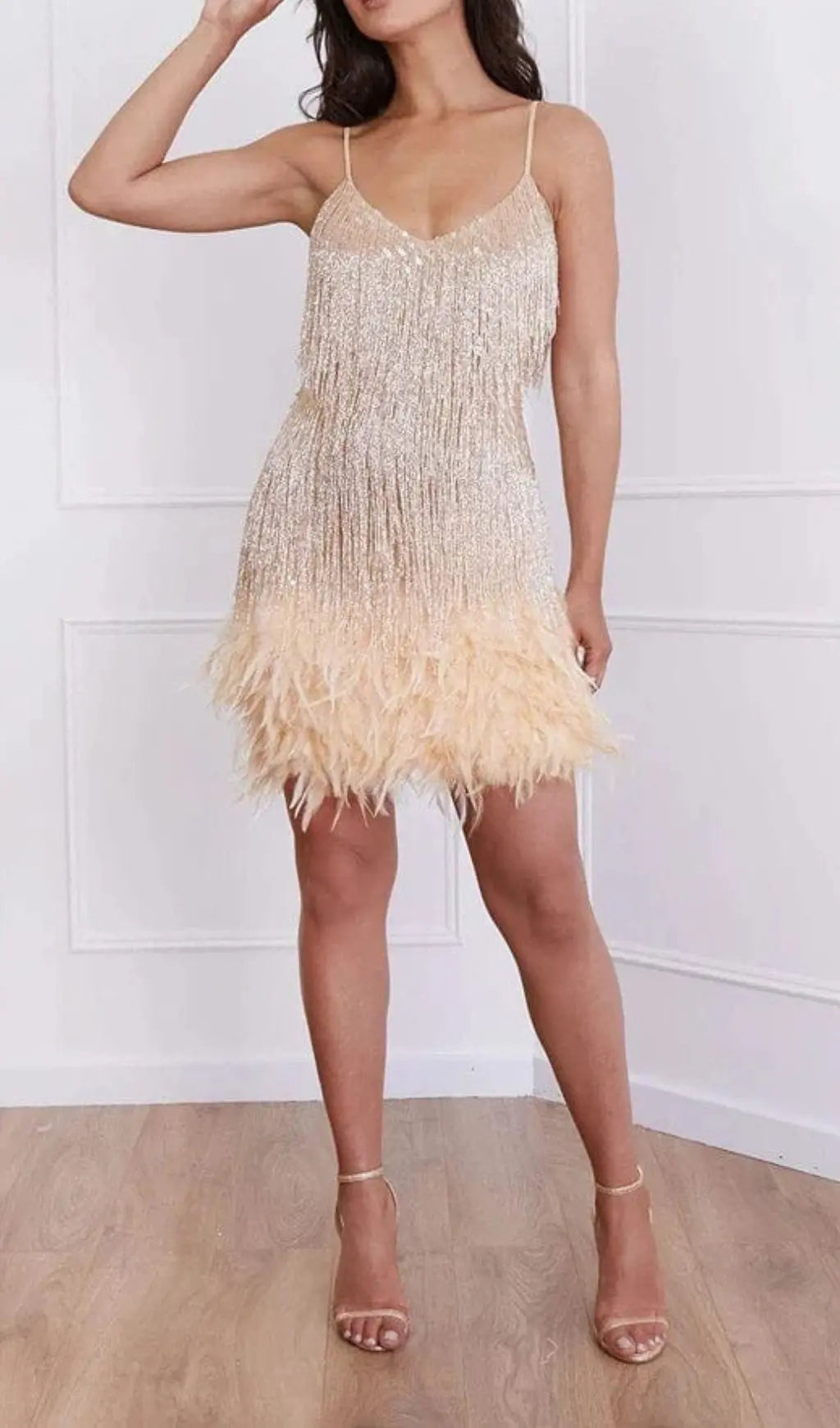 Fashionslee Women Tassel Feather Mini Dress In Beige