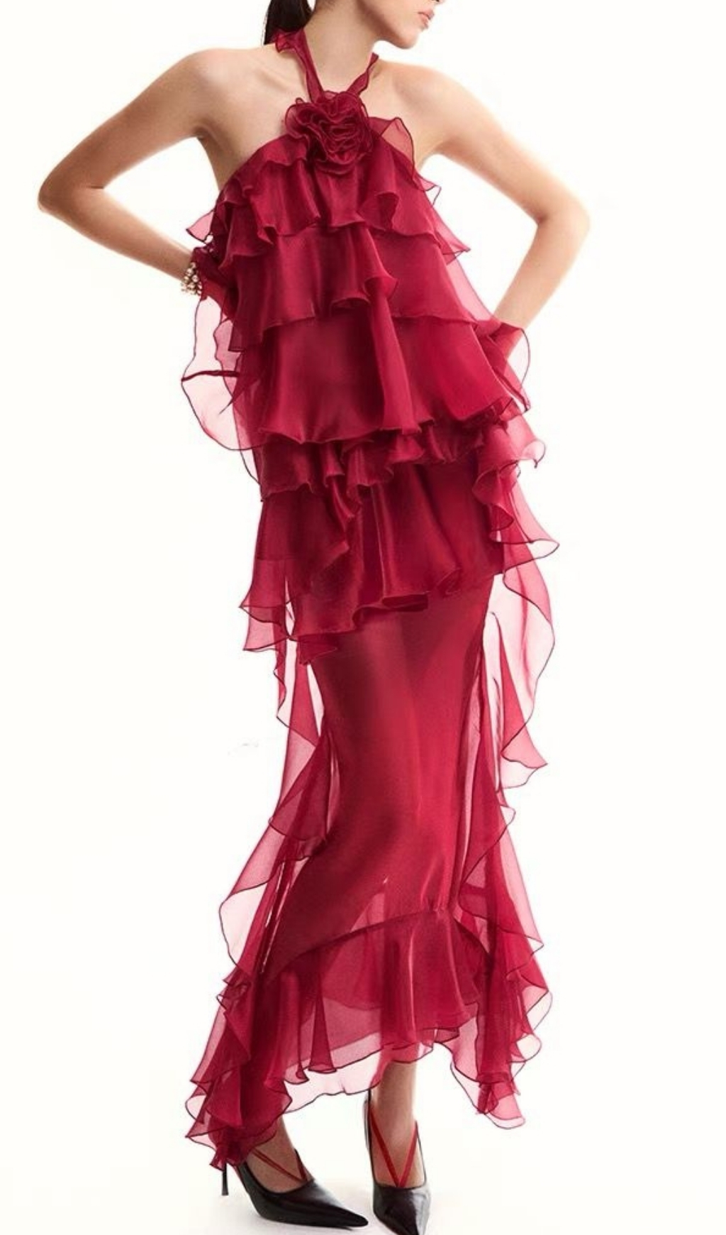5569fb9988e9f0480f0de755683f38f1.jpg Fashionslee Women Eleri Red Flower Ruffle Maxi Dress