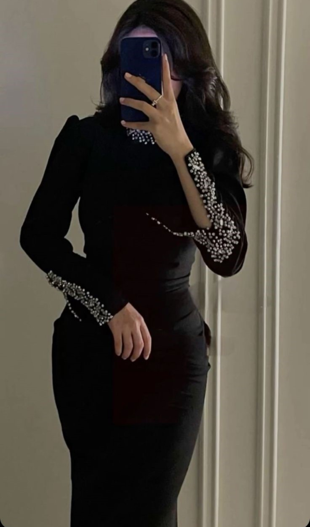 Fashionslee Women Bridie Black Long Sleeve Crystal Midi Dress