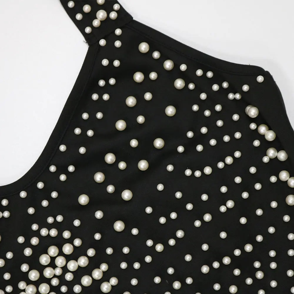 Fashionslee Women Black Pearl Halter Bandage Midi Dress