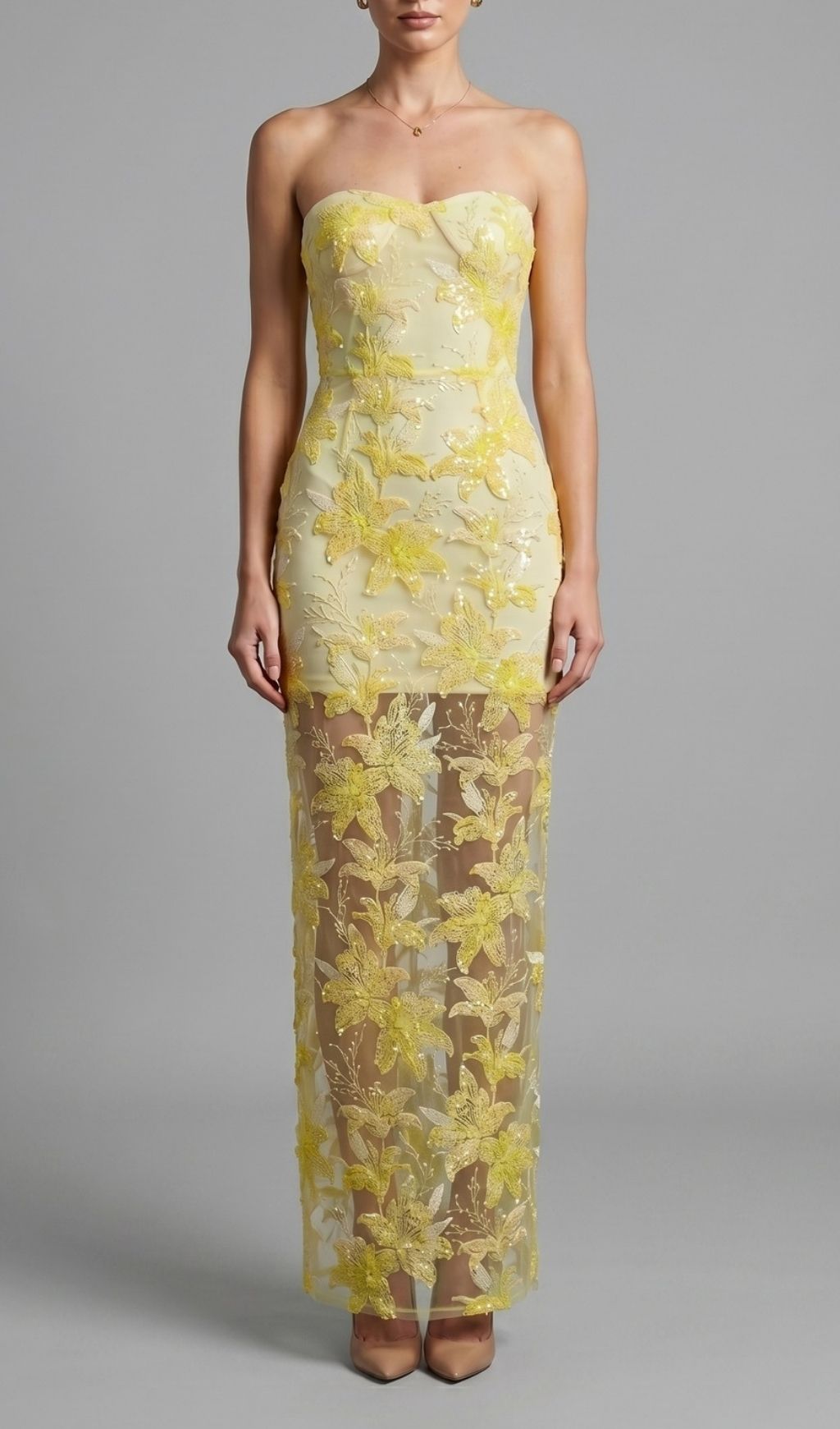Fashionslee Women Kikuyo Yellow Strapless Sequin Floral Maxi Dress