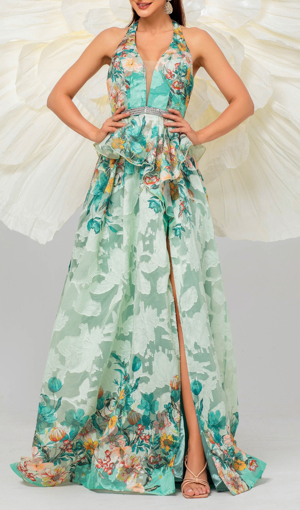 Fashionslee Women Brona Green Halter Floral Printed Maxi Dress