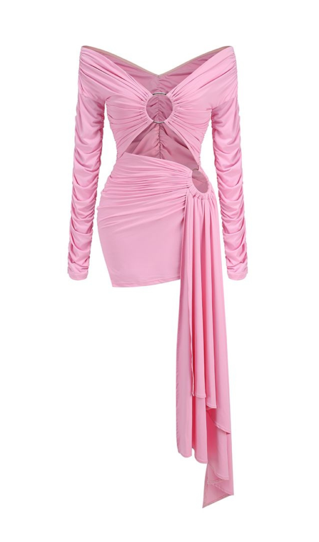 560b7ace8af646df6b8cf1375b25e21c.jpg Fashionslee Women Bia Pink Long Sleeve Ruched Bardot Mini Dress