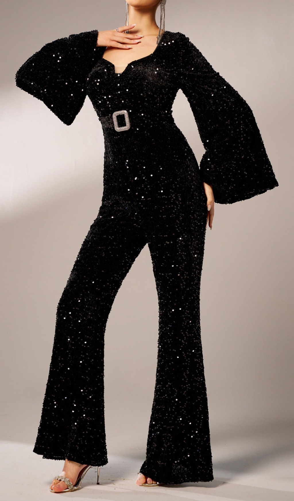 Fashionslee Women Cicily Black Sequin Long Sleeve Jumpsuit