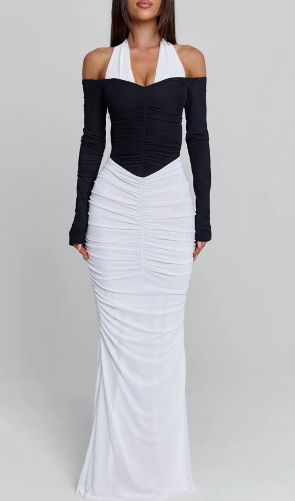Fashionslee Women Kapri Halter Ruched Long Sleeve Maxi Dress