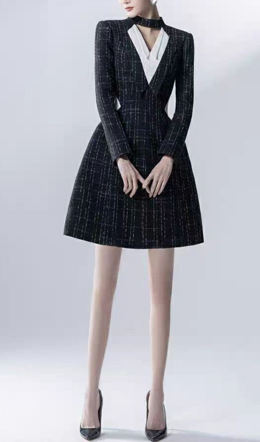 Fashionslee Women Halter V-Neck A-Line Jacket Dress In Black