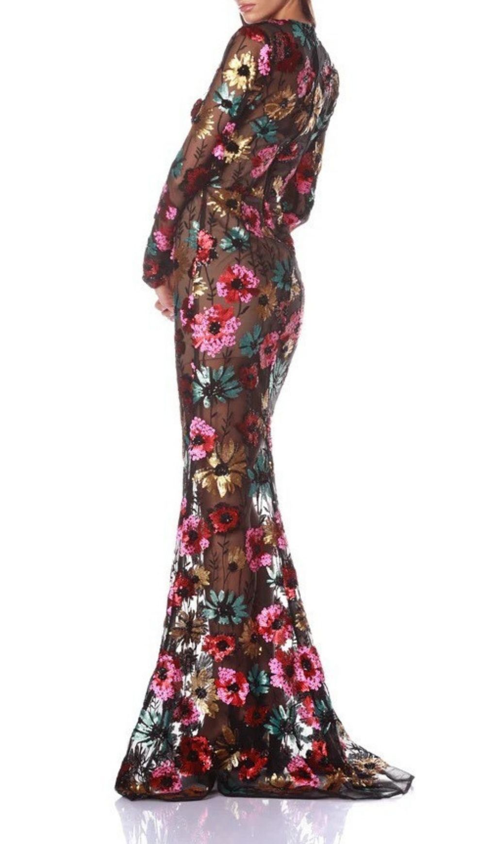 Fashionslee Women Kaoru Sequin Flower Mesh Long Sleeve Maxi Dress