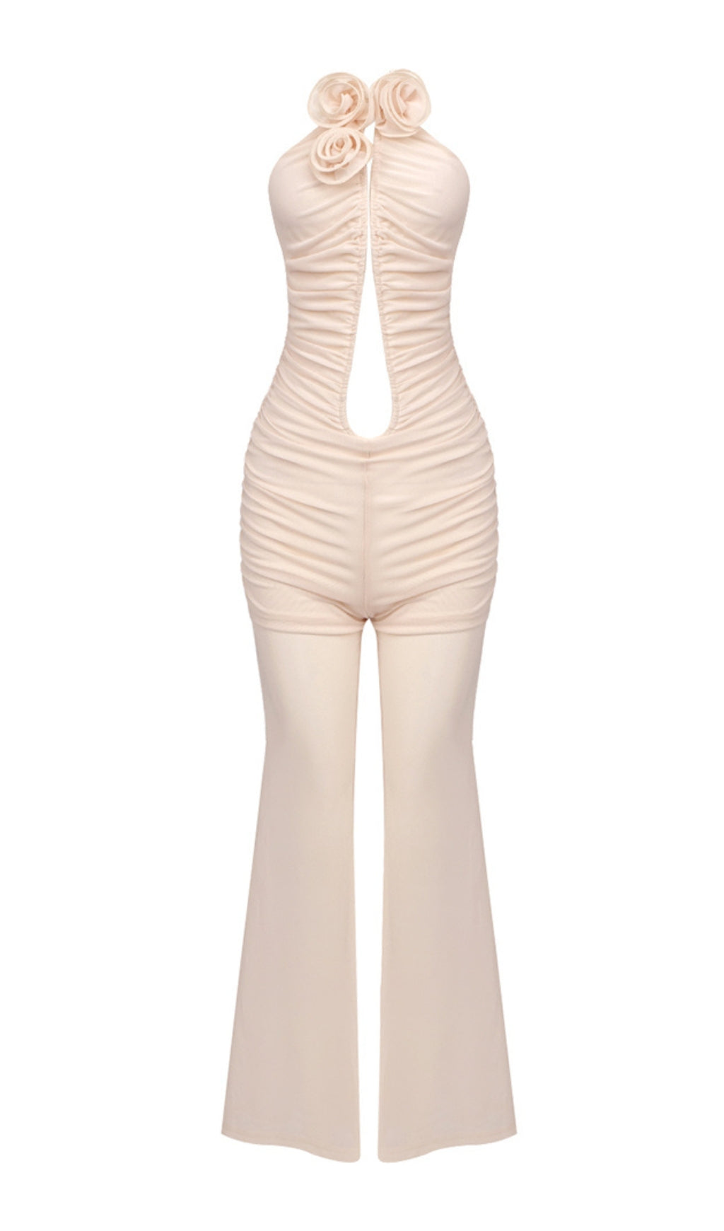 Fashionslee Women Bakir Beige Flower Ruched Jumpsuit