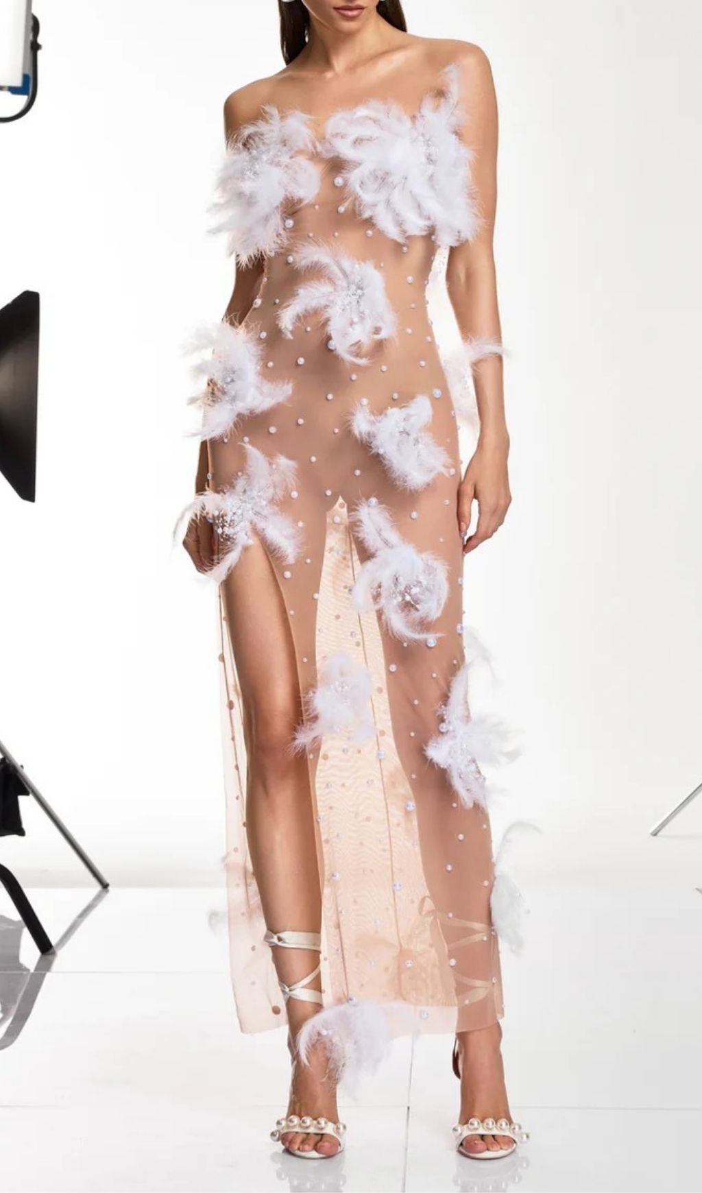 Fashionslee Women Droven Strapless Feather Mesh Maxi Dress