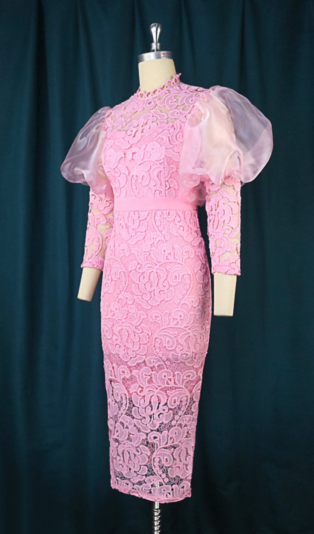 Fashionslee Women Aithne Pink Puff Sleeve Lace Midi Dress