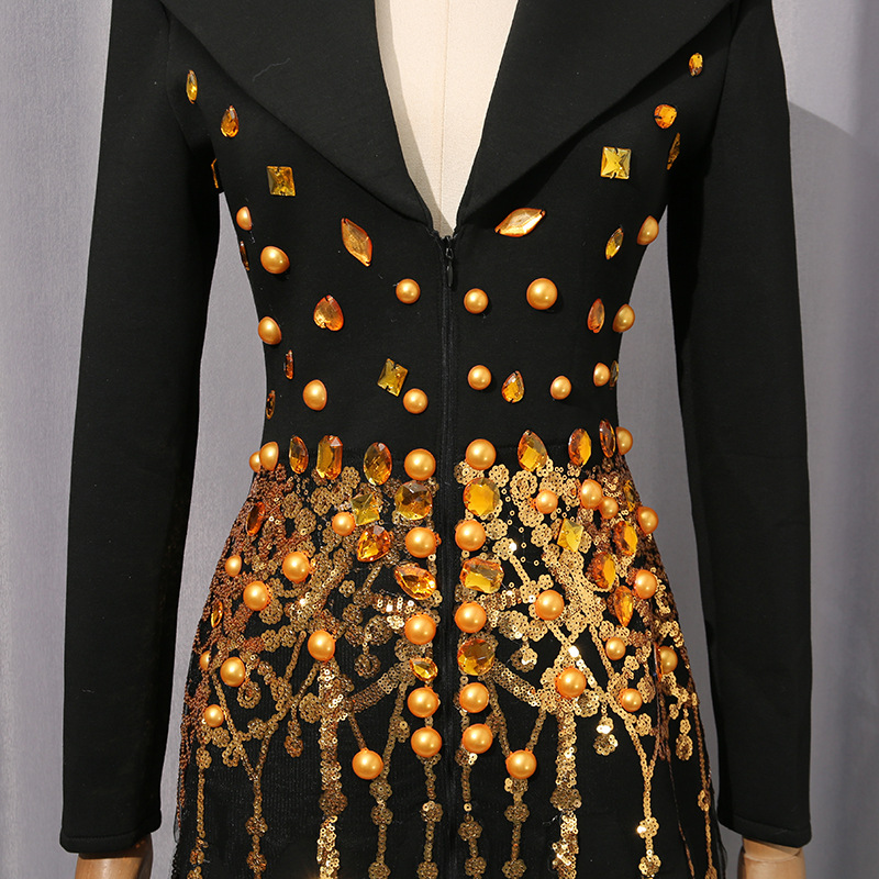 57343f98f60f6098115ad0c7286f6a35.jpg Fashionslee Women Isak Black Sequin Beaded Blazer Dress