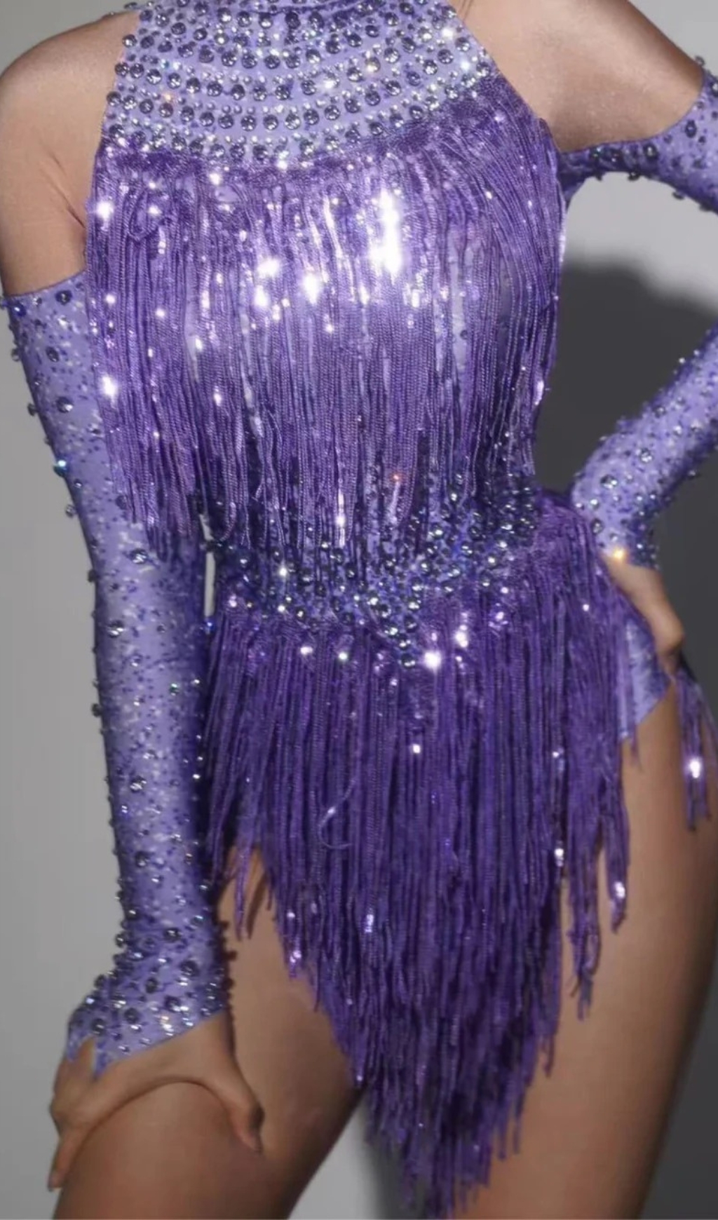 Fashionslee Women Lakendra Long Sleeve Crystal Fringe Bodysuit In Purple