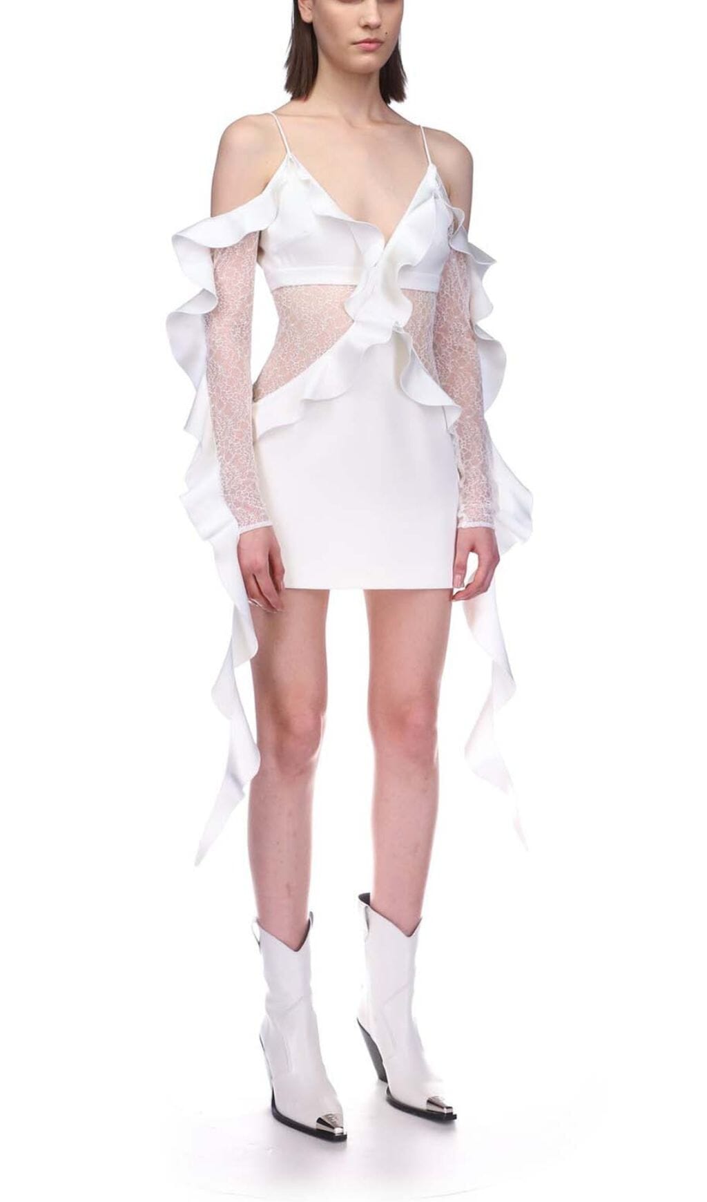Fashionslee Women Ruffled Lace Mini Dress In White