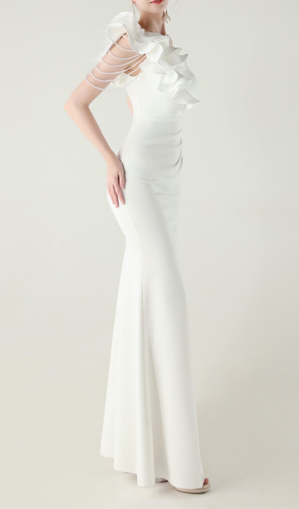 TRENDING WHITE ONE-SHOULDER RUFFLE MAXI DRESS - OWNCI TRENDING WHITE ONE-SHOULDER RUFFLE MAXI DRESS - OWNCI