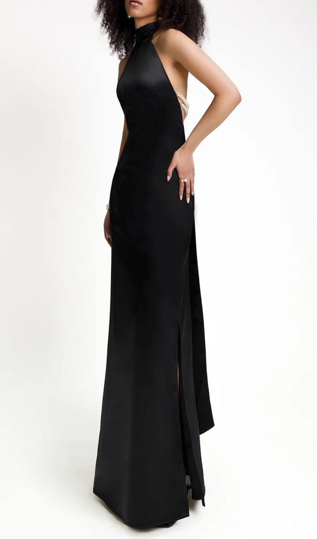 Fashionslee Women Birger Black Halter Pearl Backless Maxi Dress