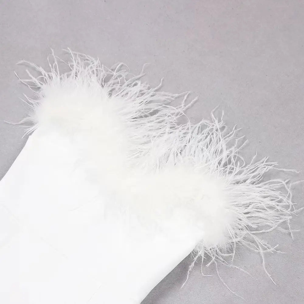 Fashionslee Women Feather Bodycon Maxi Dress In White