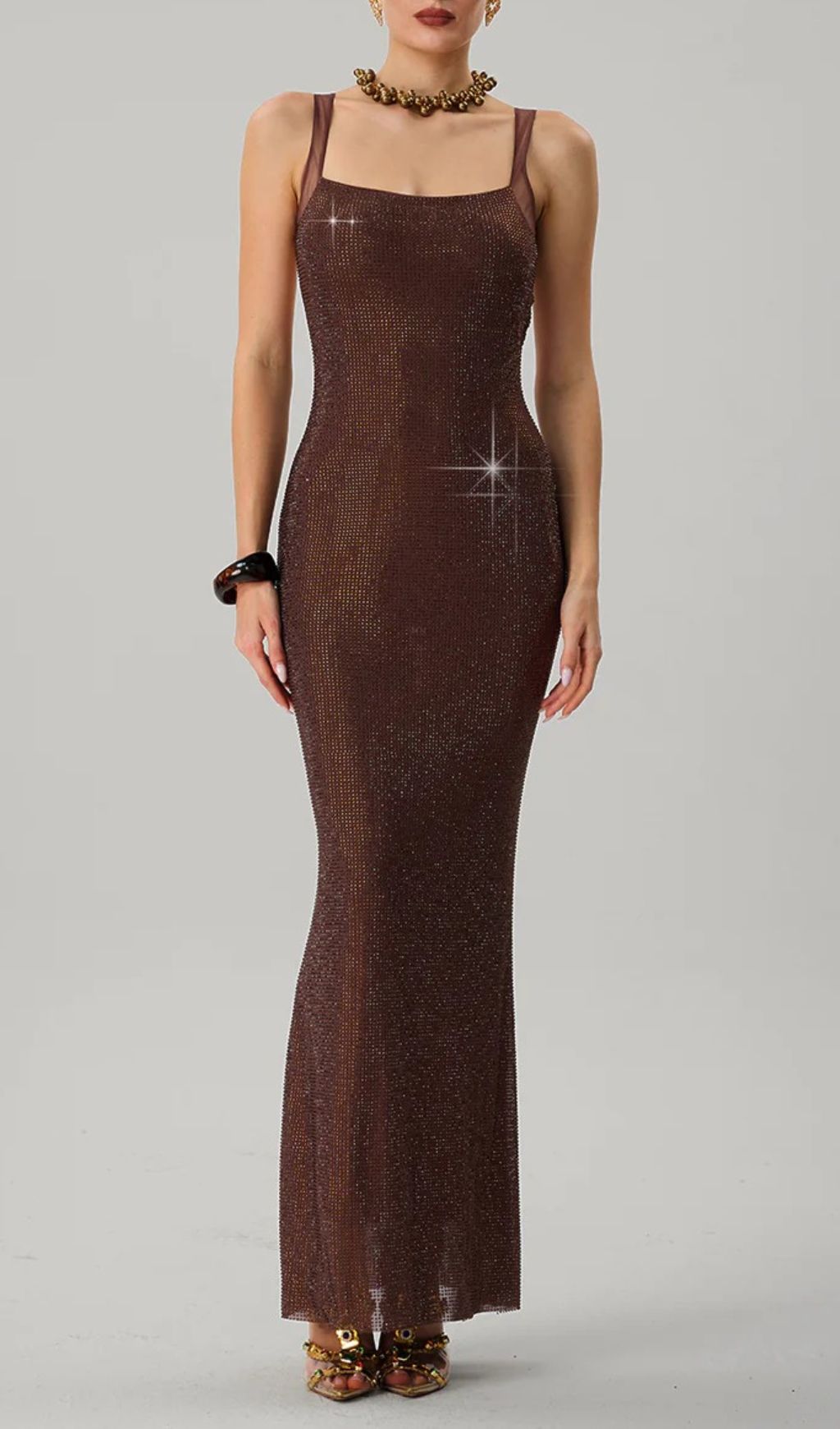 Fashionslee Women Jouncegrid Backless Rhinestone Maxi Dress In Brown