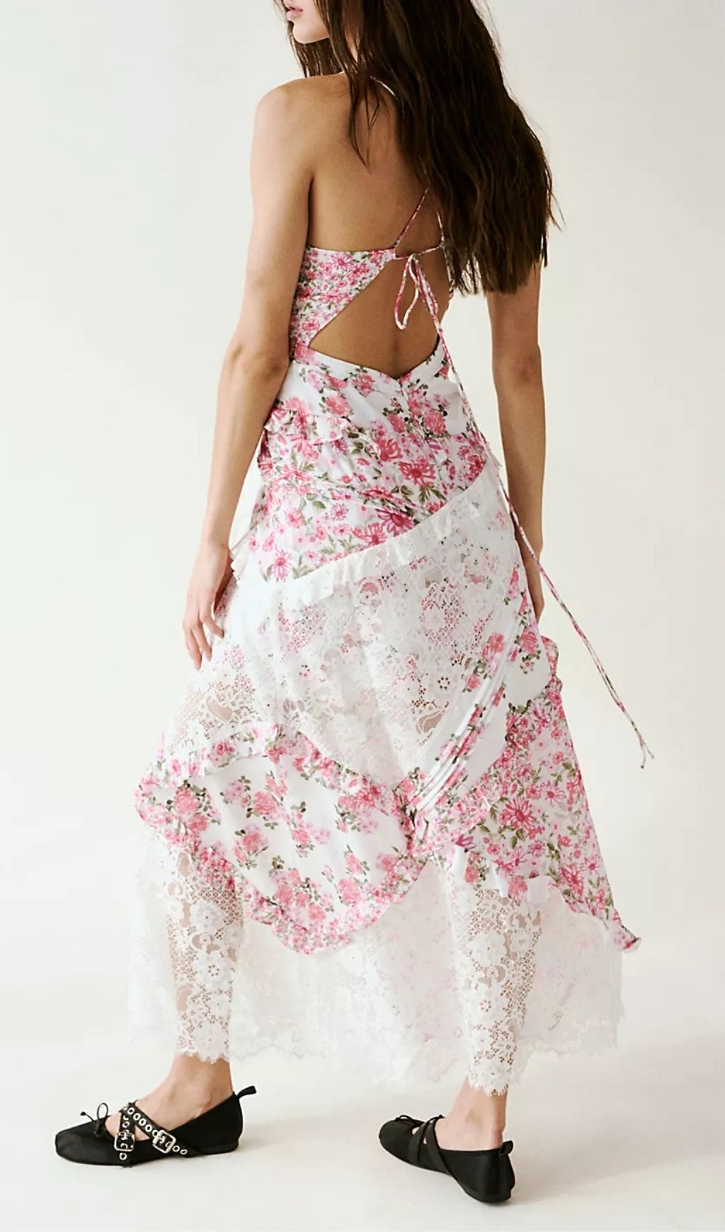Fashionslee Women Georgia Pink V Neck Floral Print Lace Maxi Dress