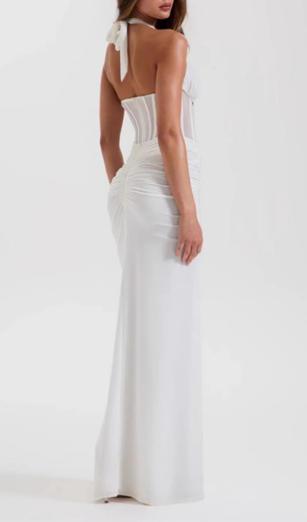 Fashionslee Women Kezia White Halter Corset Ruched Maxi Dress