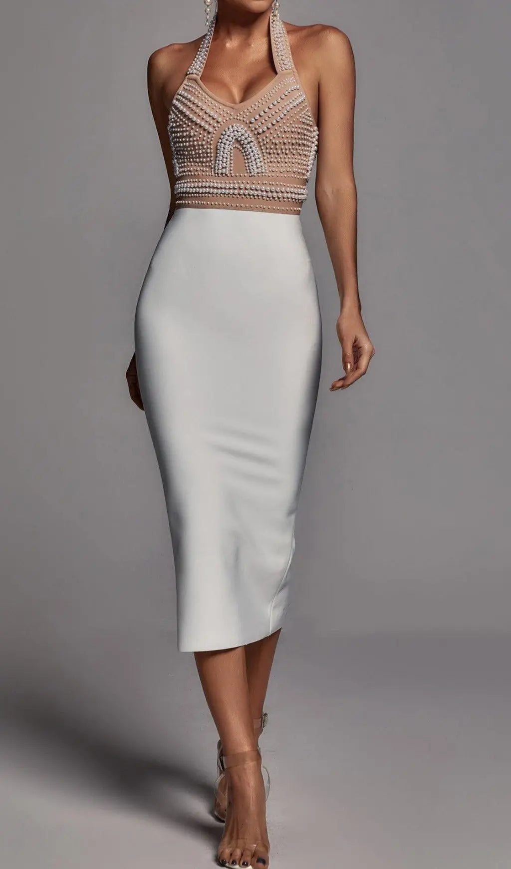 Fashionslee Women Beige Pearl Halter Bandage Midi Dress