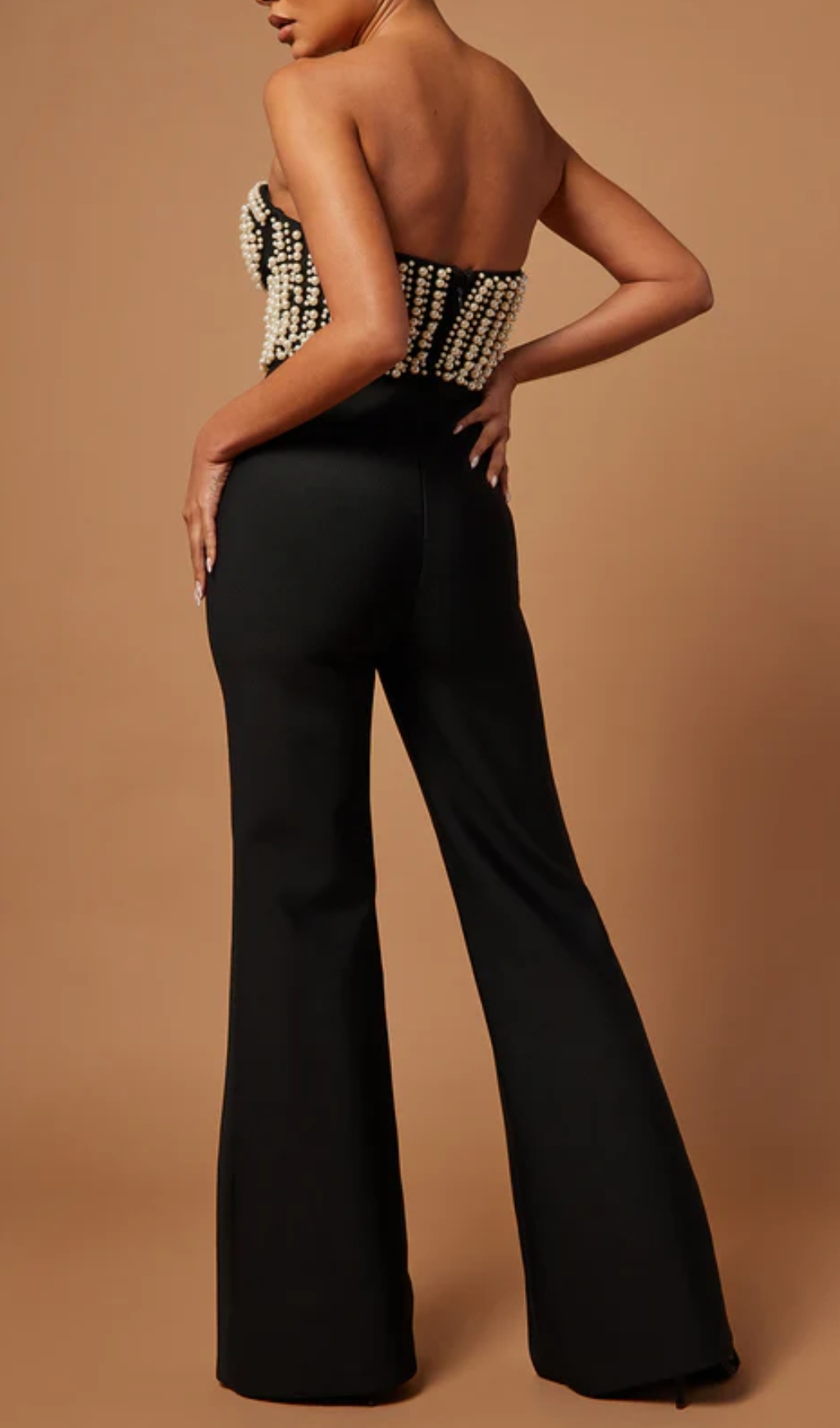 5861be2df4e3792281d8cd307c023eae.jpg Fashionslee Women Strapless Bustier Pearl Jumpsuit Black
